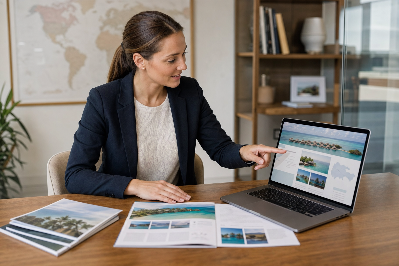 Woman in a suit points at a travel website on a laptop, with brochures on the table in an office setting.
