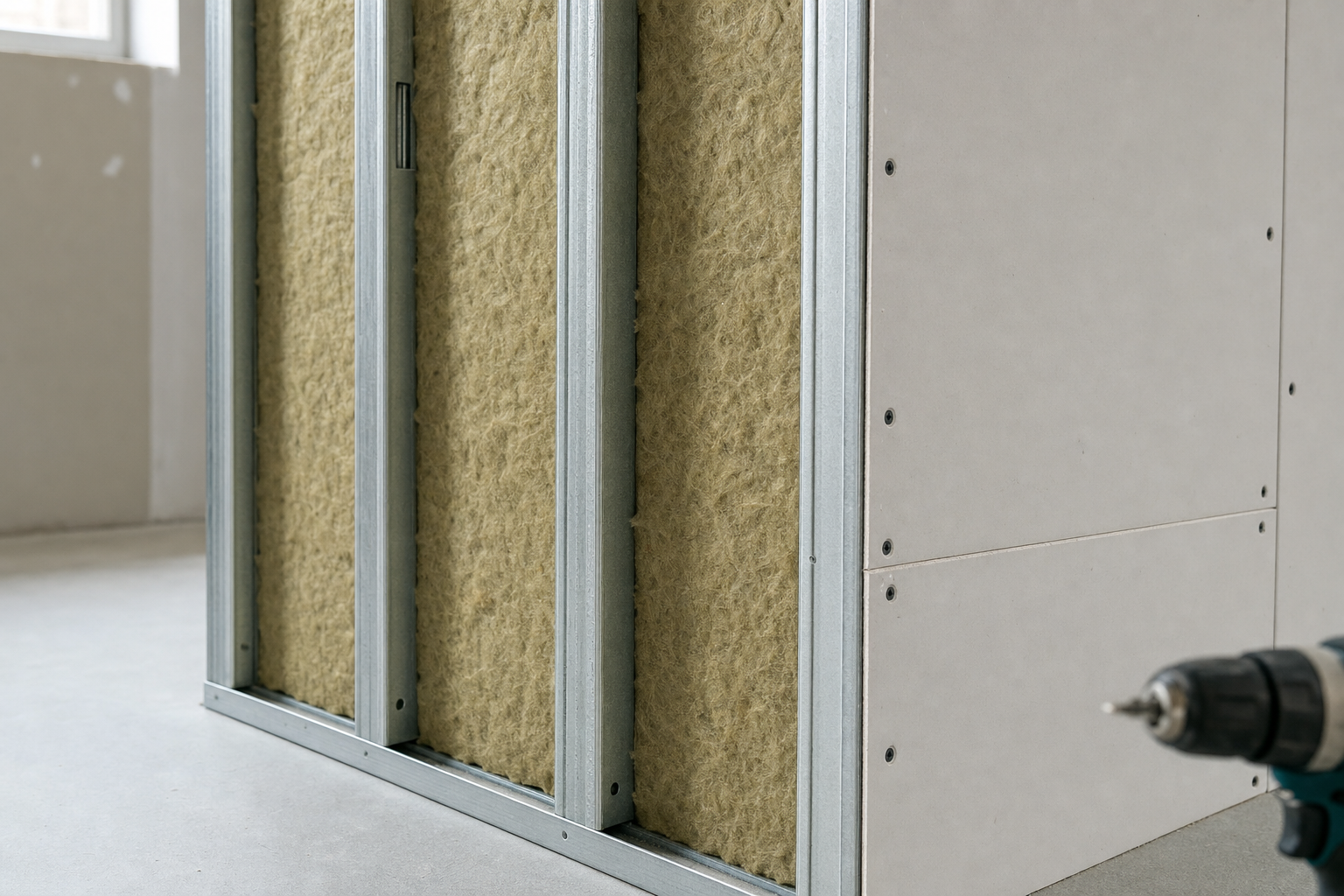 Insulation panels with metal studs partially installed, with a drill in the foreground on a construction site.