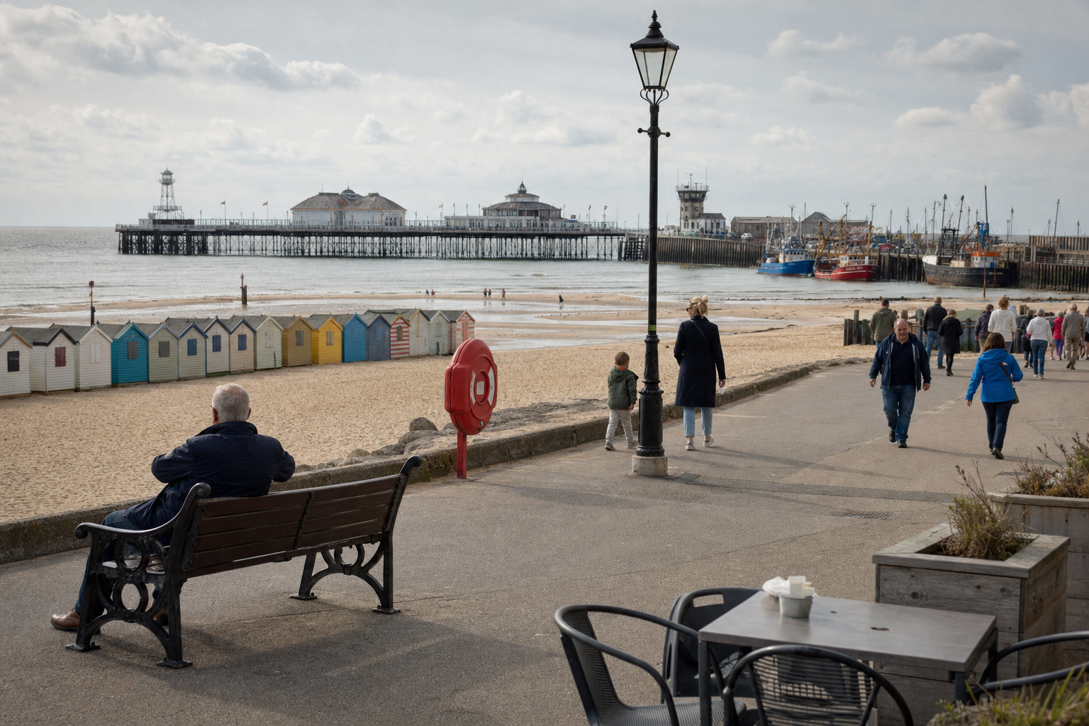 A seaside promenade with a man sitting on a bench, colourful beach huts, and a pier in the background.