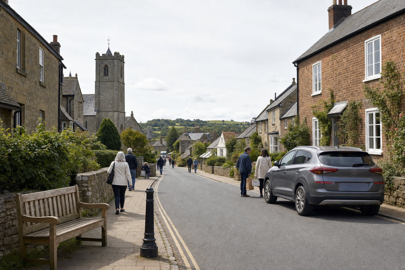 A quaint English village street with people walking, stone cottages, and a church tower in the background.