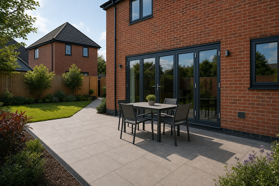 A modern garden patio with seating set against a red brick house and well-manicured lawn in a suburban backyard.