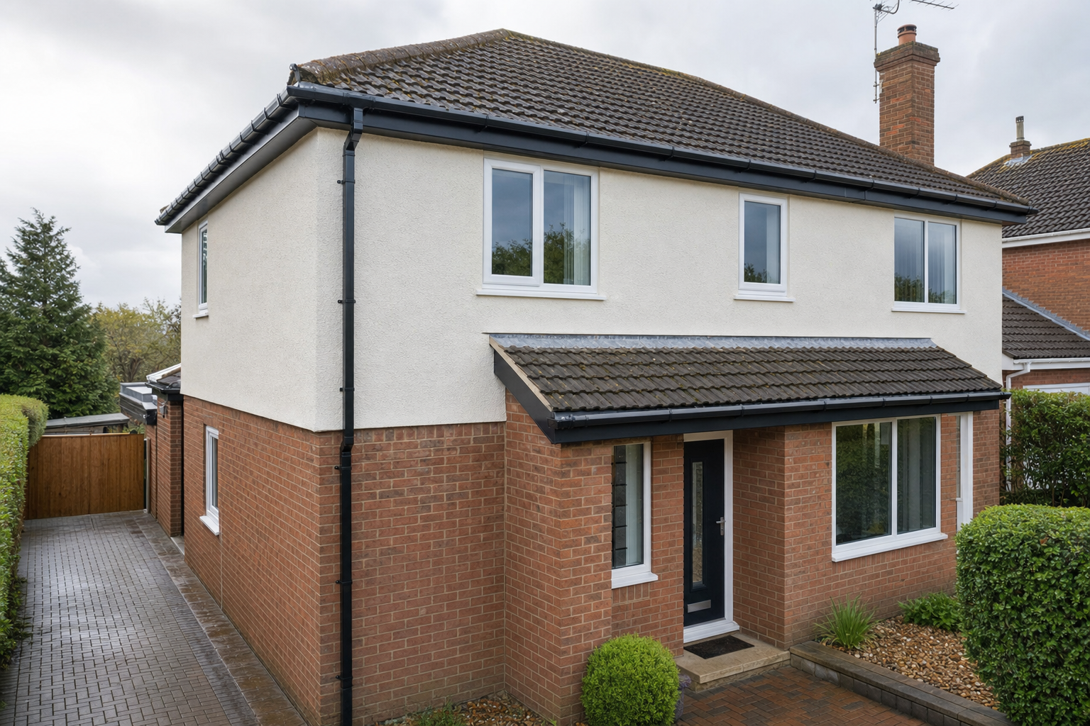 A modern two-storey house with a combination of brick and cream walls, surrounded by a tidy garden and driveway.