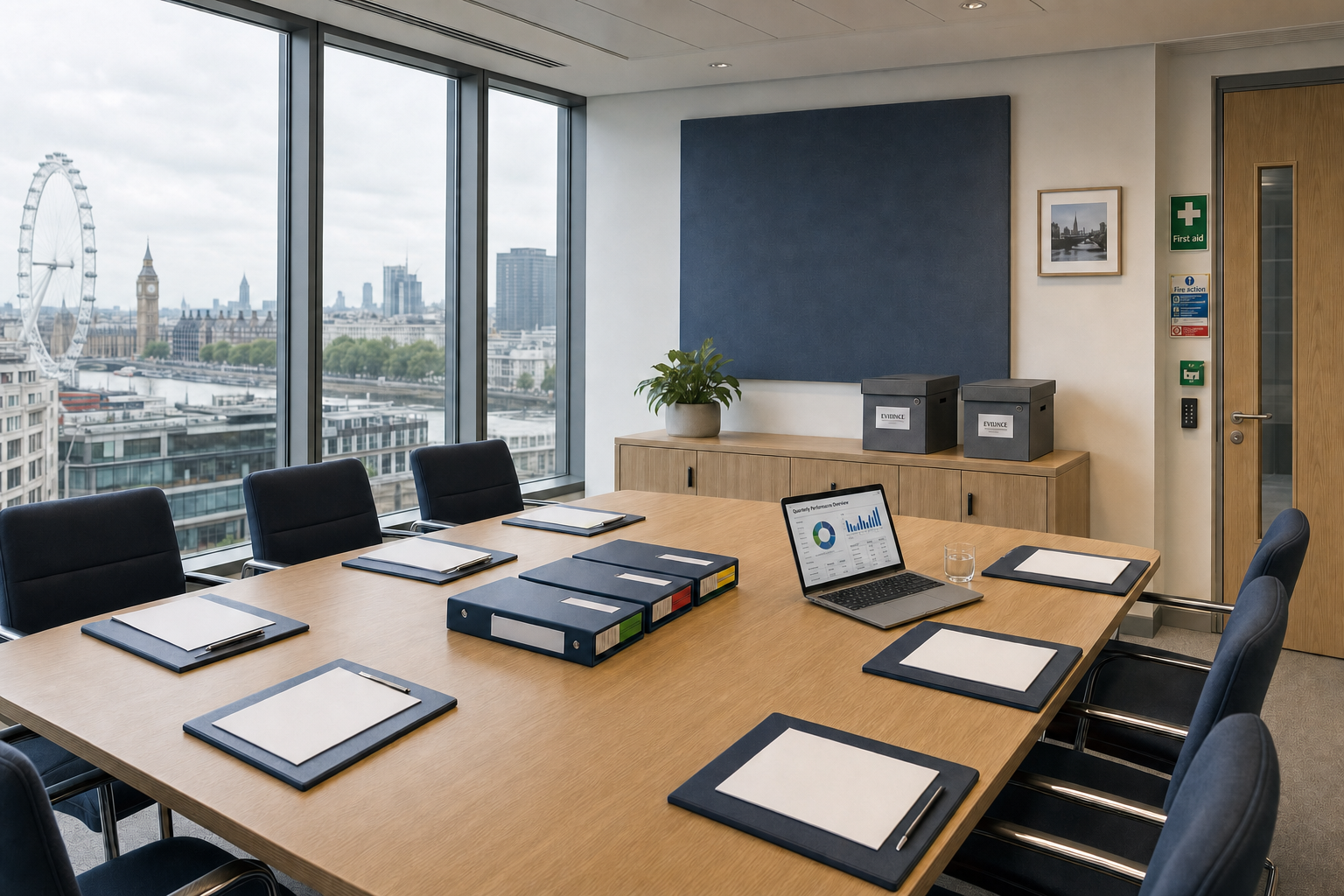 Modern conference room with a view of London's iconic landmarks, featuring neatly arranged laptops and stationery on the table.