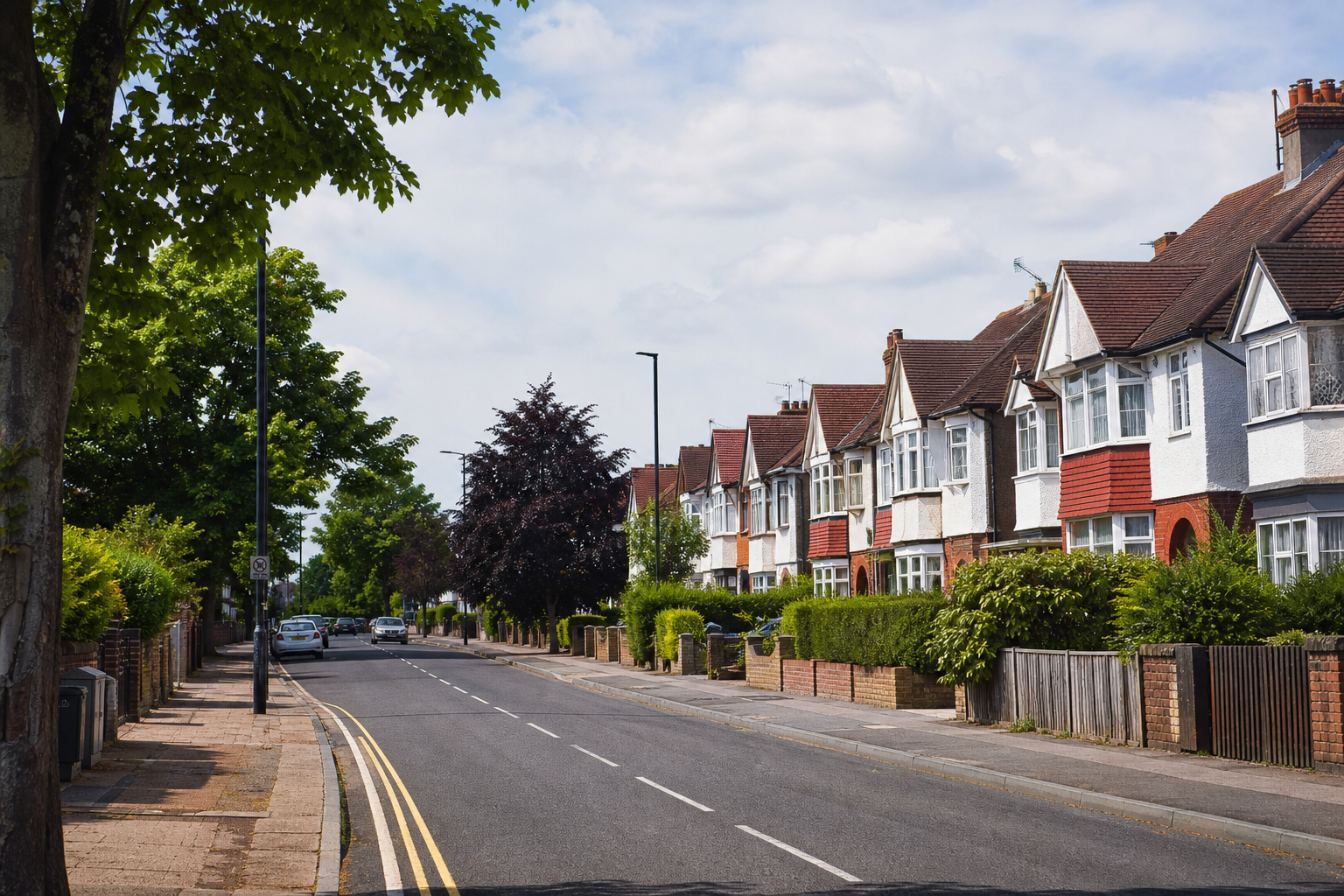 A quiet suburban street lined with trees and traditional houses under a partly cloudy sky.