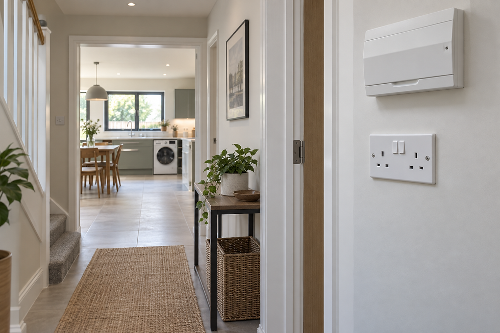 A modern hallway with a woven rug leads to a kitchen and dining area, featuring a potted plant and electrical outlets on the