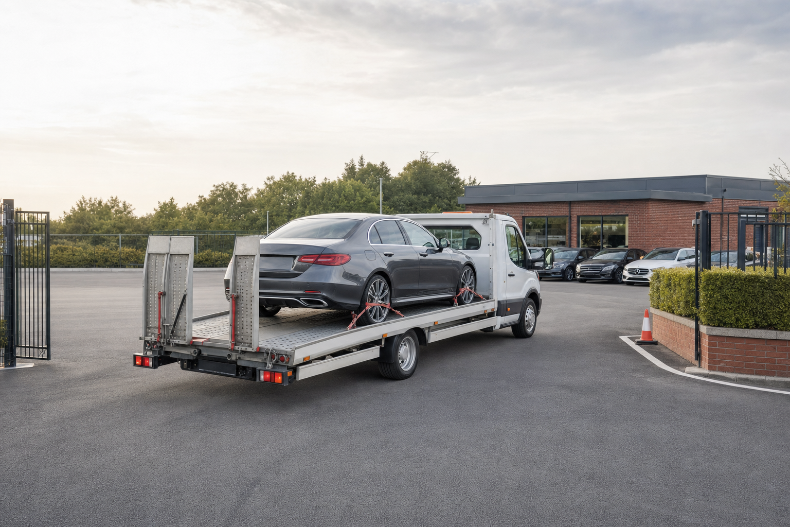 A grey car is securely transported on a flatbed truck in a car park outside a brick building.