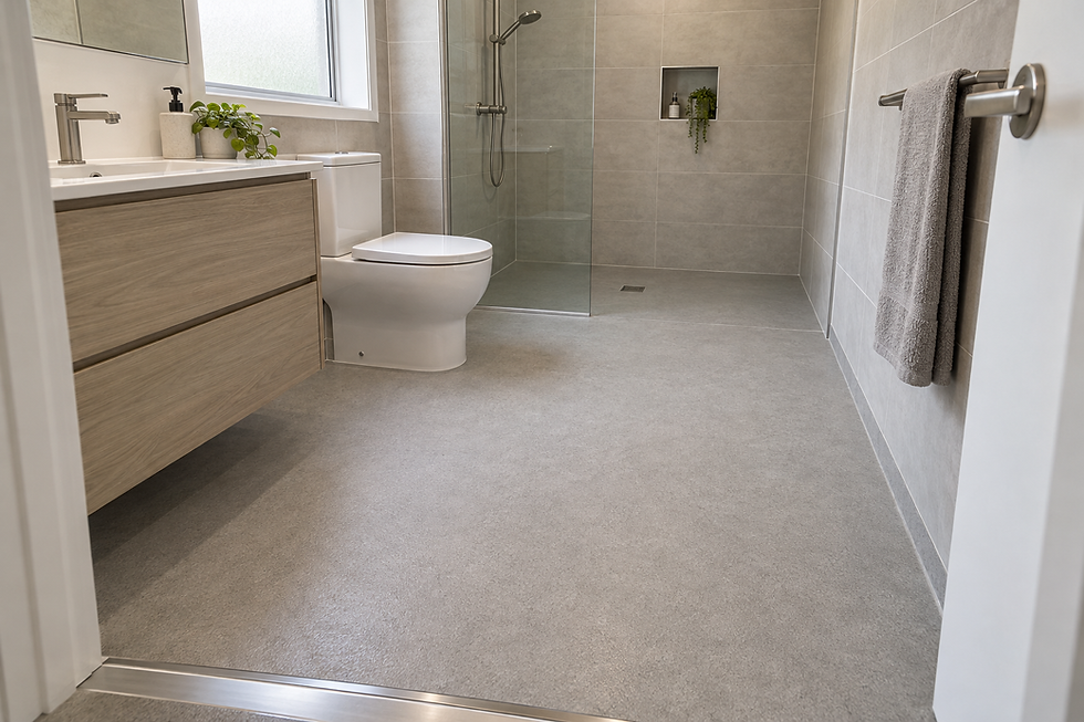Modern bathroom with grey flooring, glass shower, floating vanity, and white toilet, featuring plants and a towel rail.