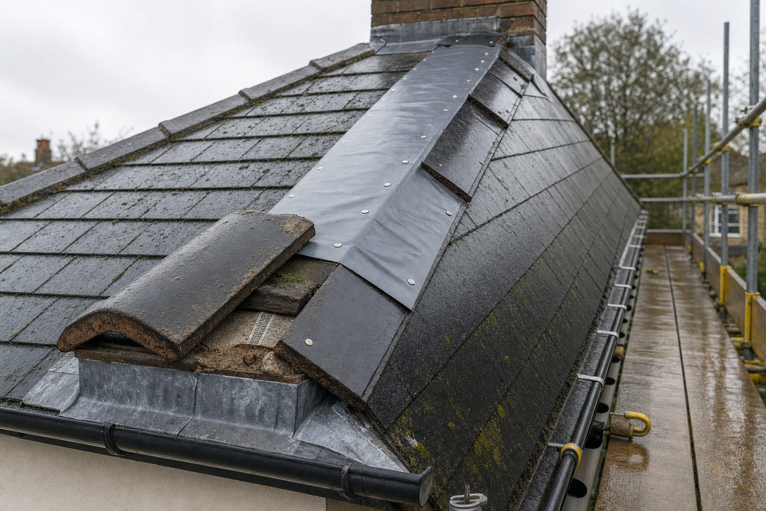A close-up of a pitched roof with slate tiles and scaffolding, showing repair work in progress.