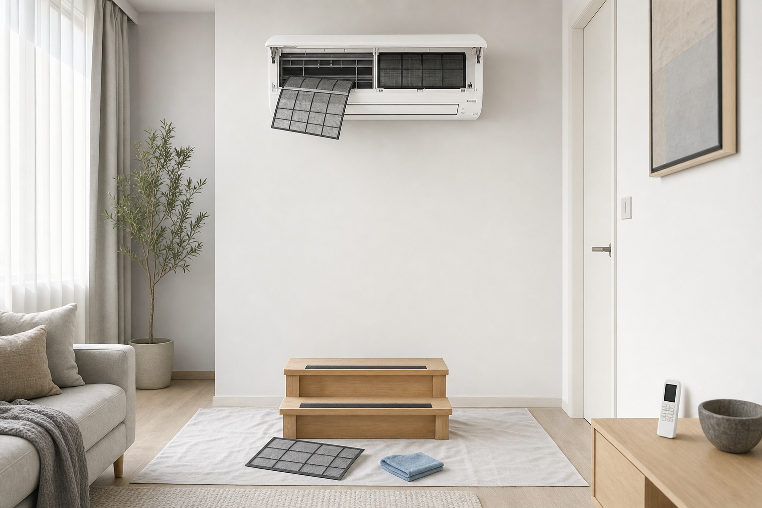 A disassembled air conditioning unit with filters and cleaning cloth on a mat in a minimalist living room.