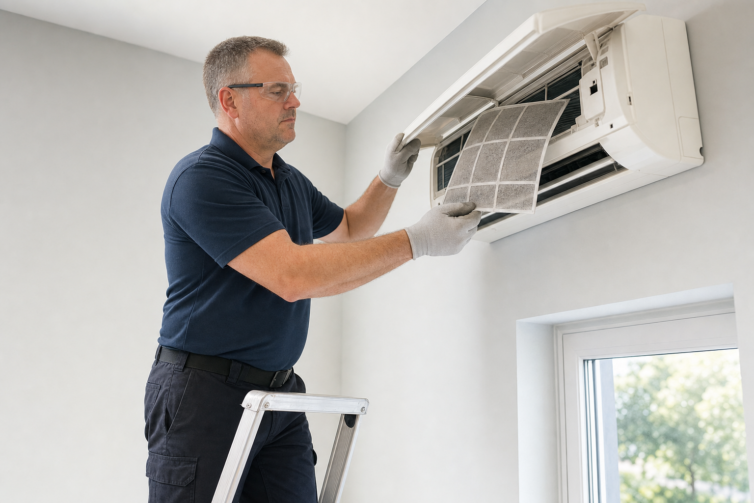 Technician wearing gloves changes the filter of a wall-mounted air conditioning unit.
