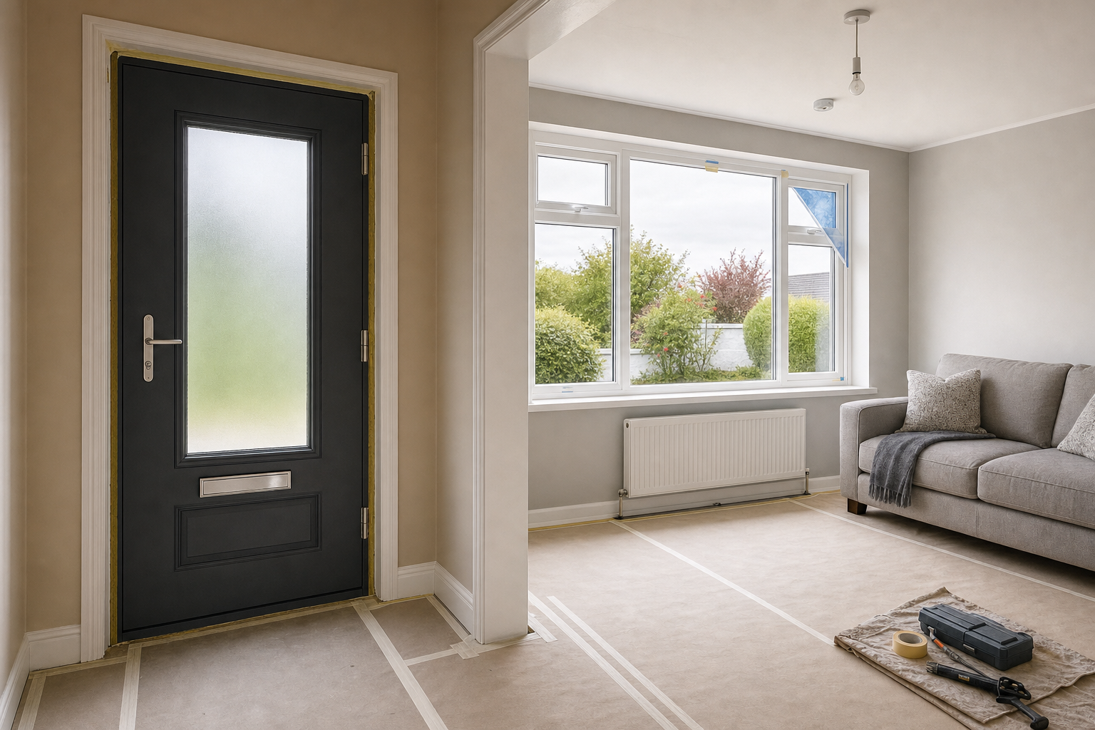 A modern hallway leads to a bright living room with a grey sofa, large window, and tools on cardboard-covered flooring.
