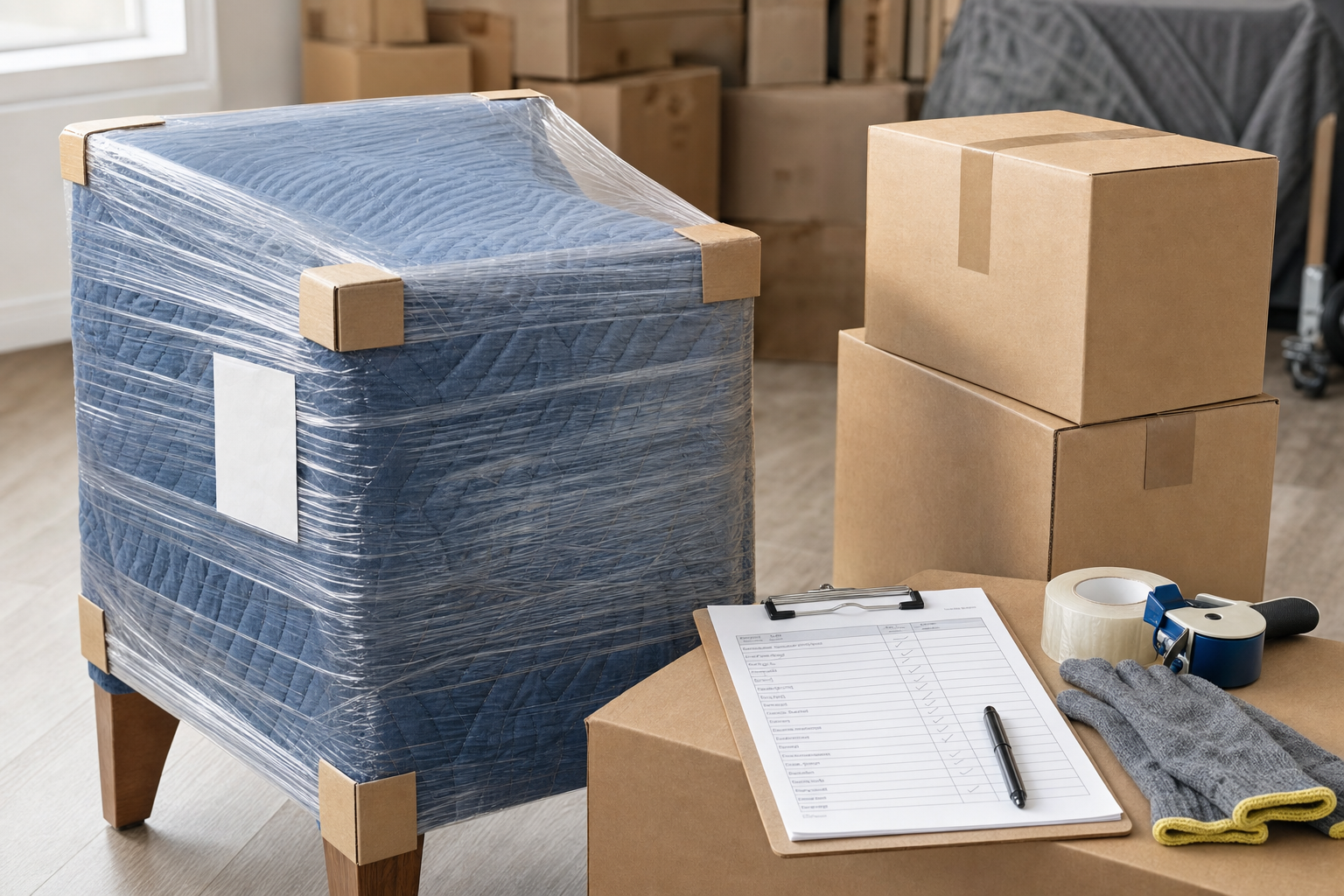 Packed furniture covered in protective wrap alongside labelled boxes, a checklist, and moving supplies in a room.