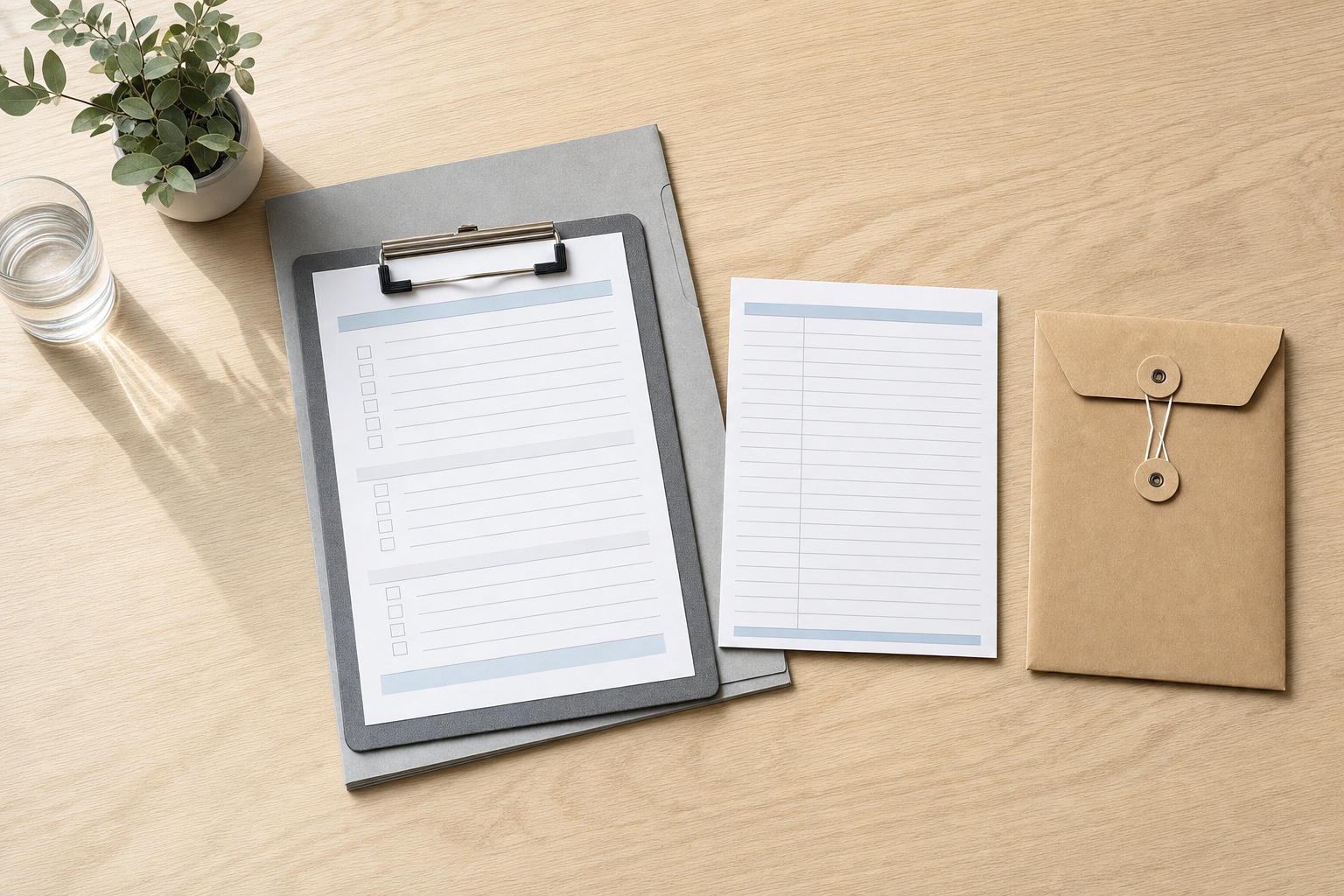 A clipboard, notepad, and envelope are neatly arranged on a wooden desk with a glass of water and a small plant.