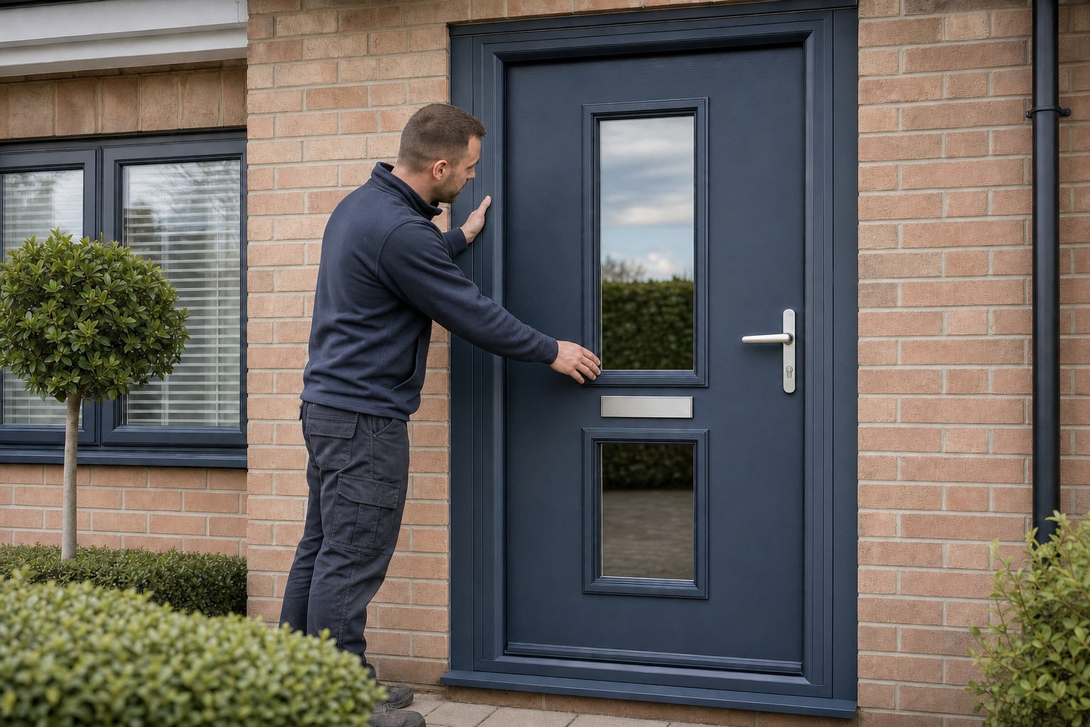 Person inspecting a modern blue front door with a letterbox and rectangular windows.