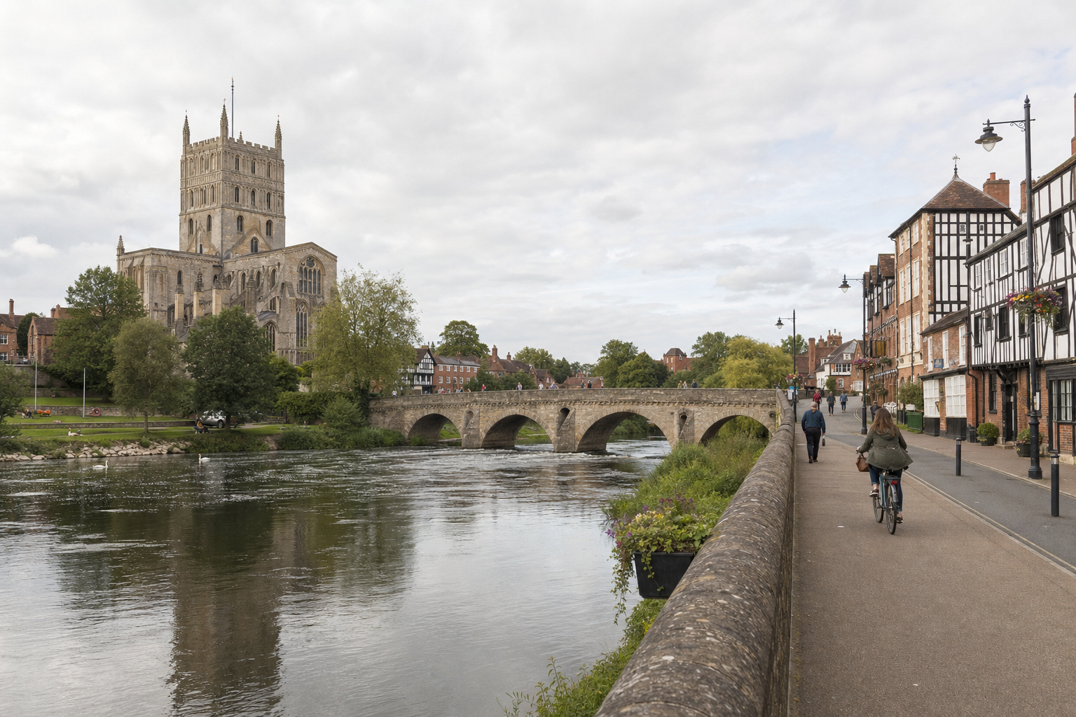A historic abbey and stone bridge beside a river, with people walking and cycling along a path lined with timber-framed houses.