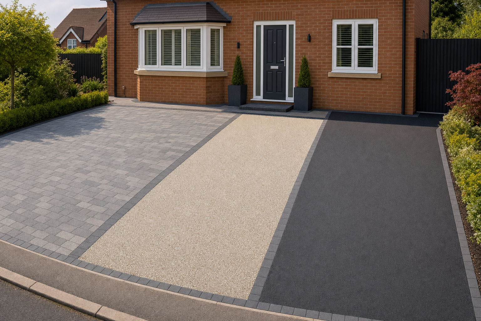 A modern driveway with distinct light and dark stone pathways leads to a brick house with a black door and large windows.