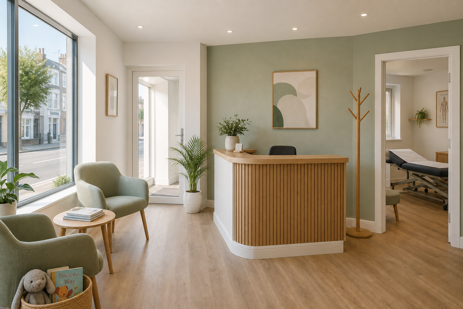 Reception area with a wooden desk, green walls, two armchairs, potted plants, and an adjoining examination room.