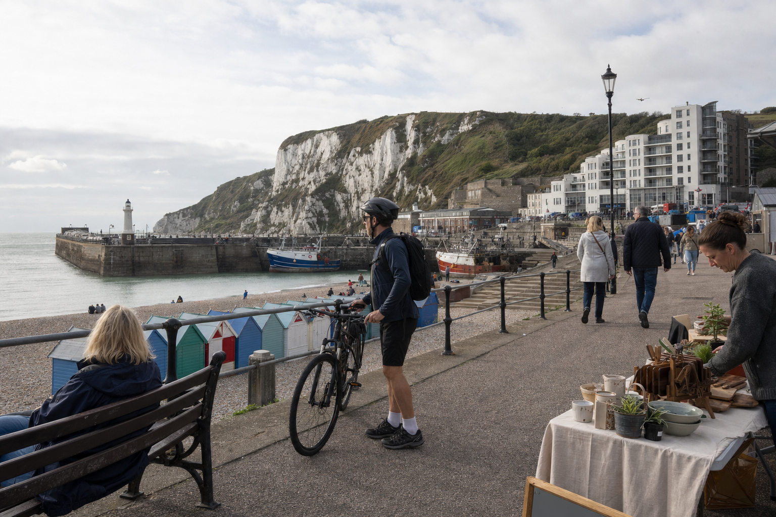 Cyclist pauses at a seaside promenade with colourful beach huts, cliffs, and a lighthouse in the background.