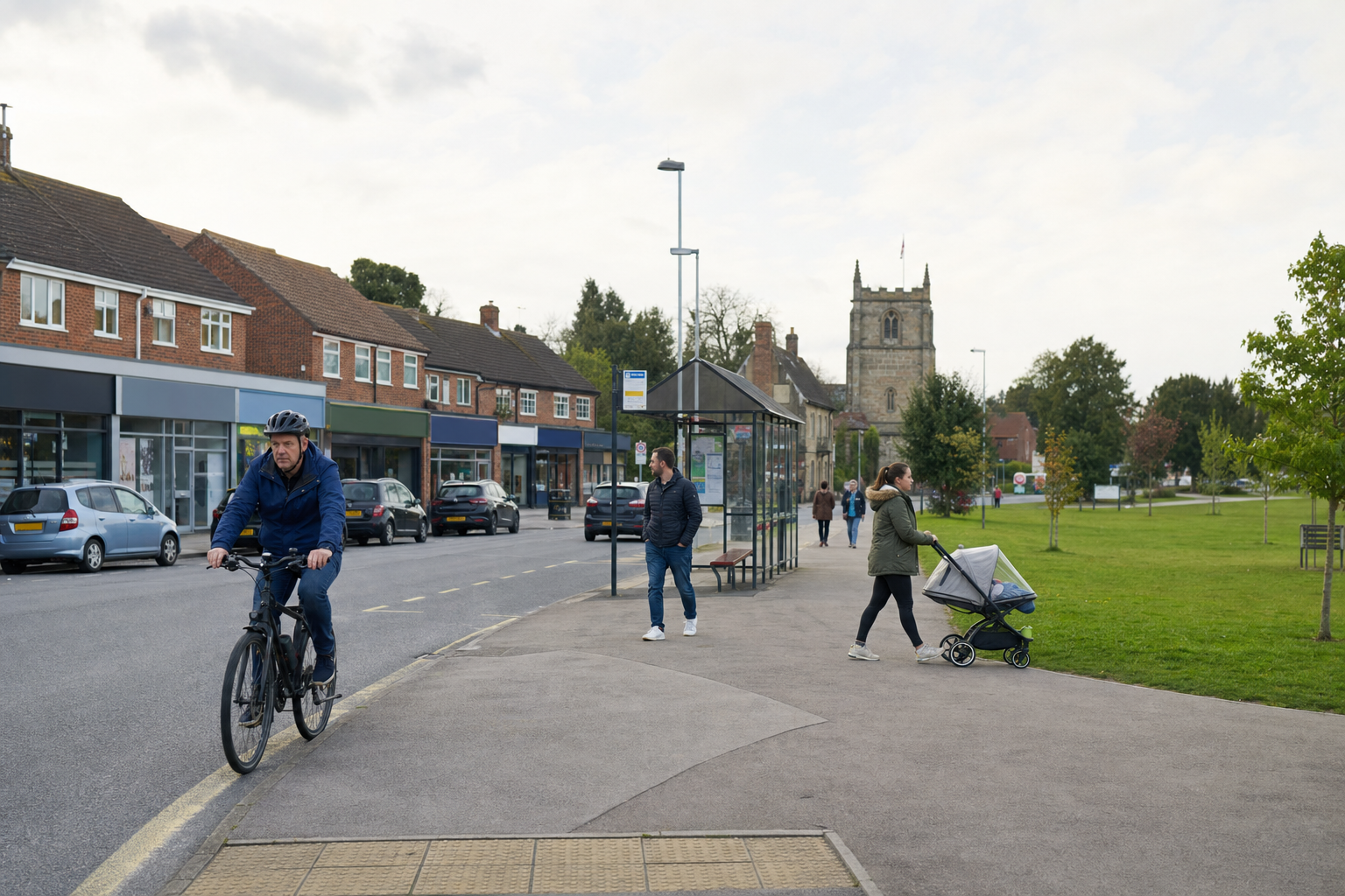 A person rides a bicycle on a street beside a park and church, with pedestrians and parked cars in the background.