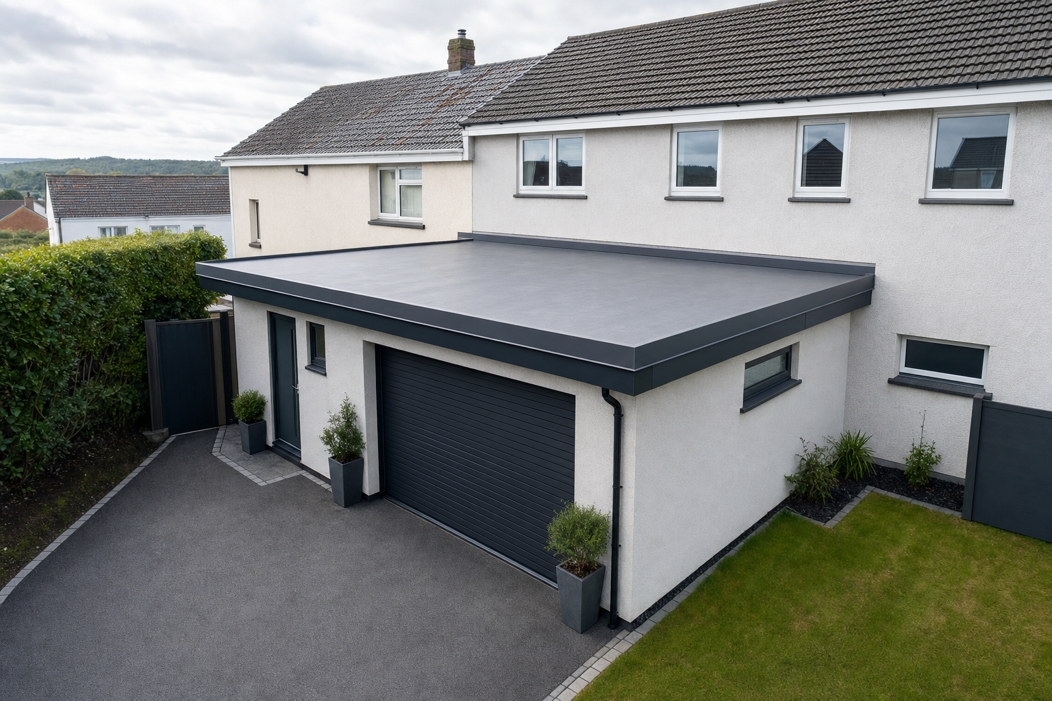 Modern flat-roofed garage extension attached to a white house with two planters by the entrance.