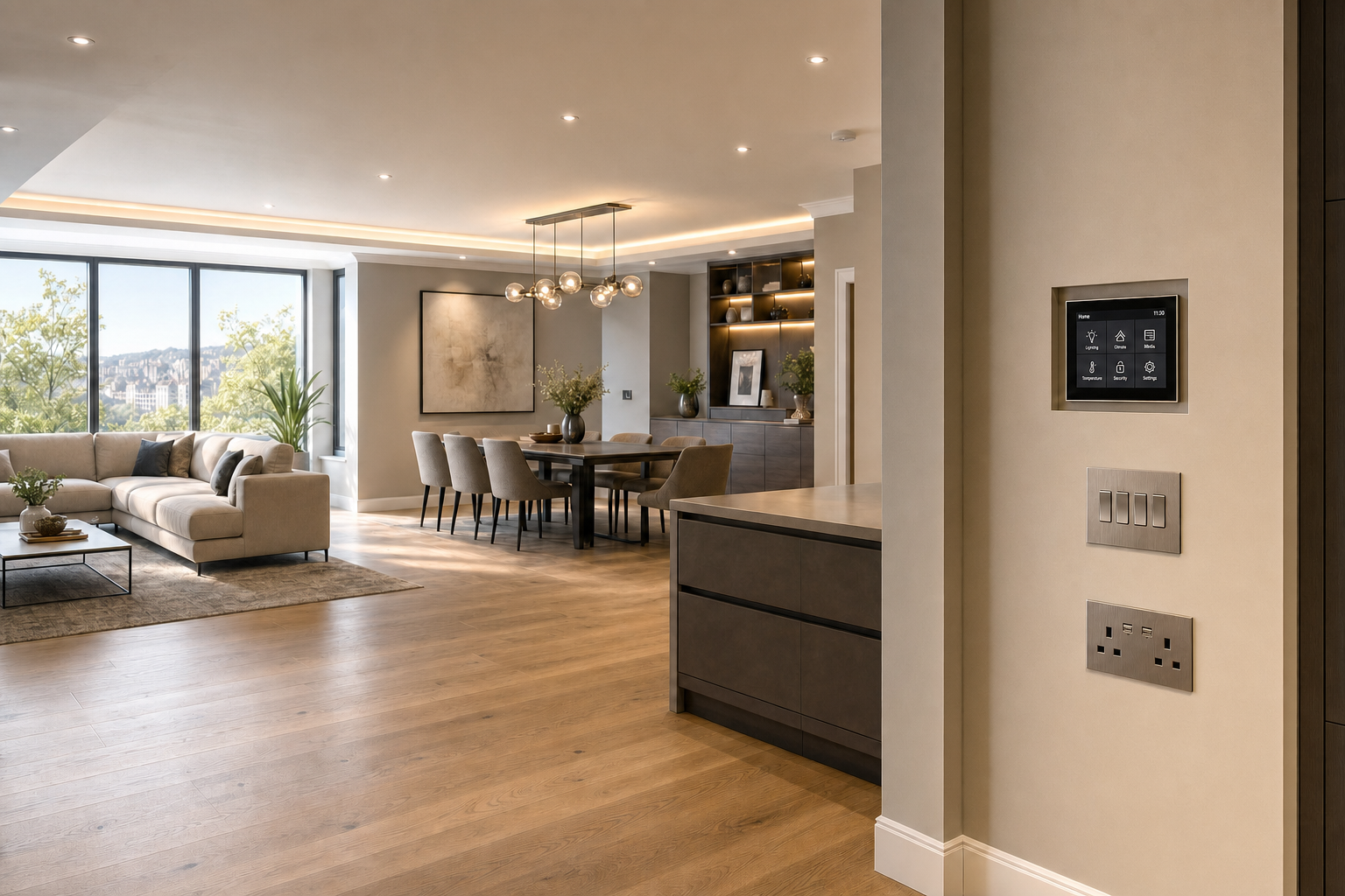Modern open-plan living and dining area with a smart home control panel on the wall.