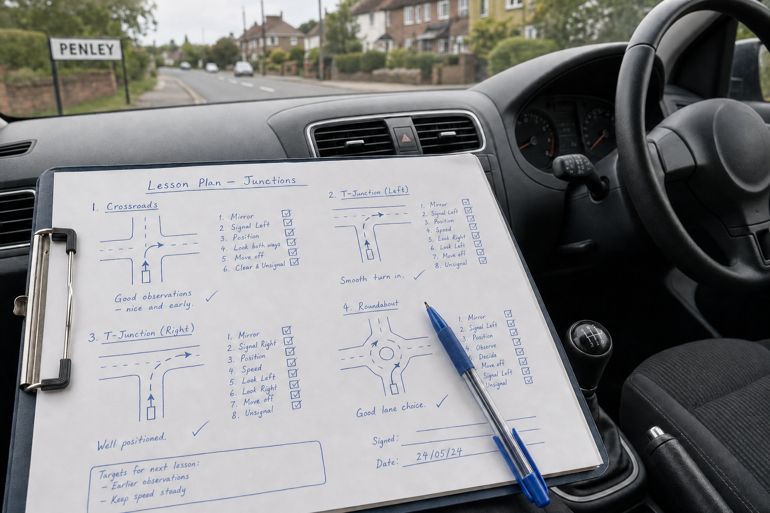 Driving lesson plan on clipboard in car, detailing instructions for navigating various junctions.