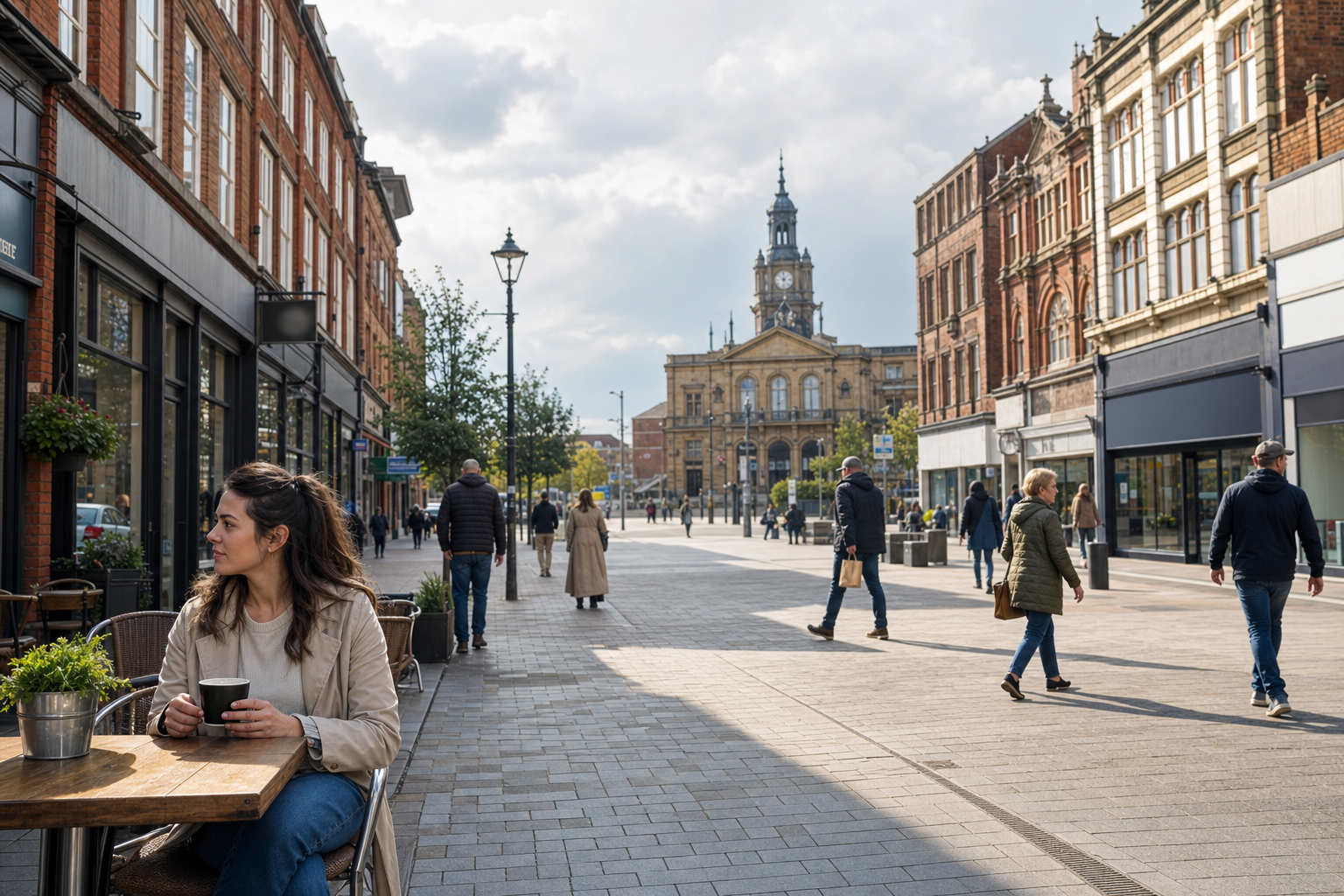 A woman sits at an outdoor café table on a bustling, sunlit street with historical architecture in the background.