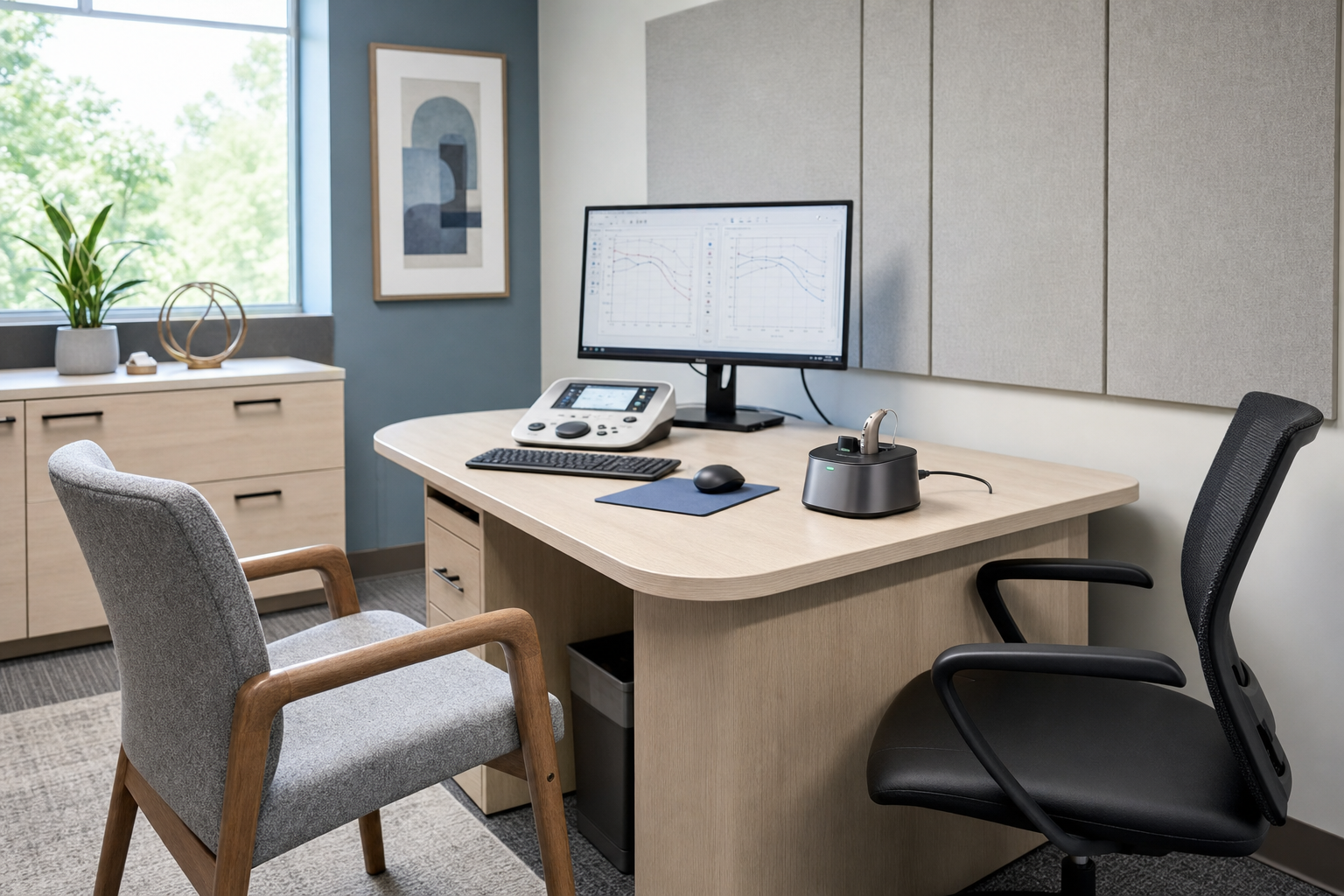 A modern audiology office setup with computer, audiometer, and hearing aid charger on a wooden desk.