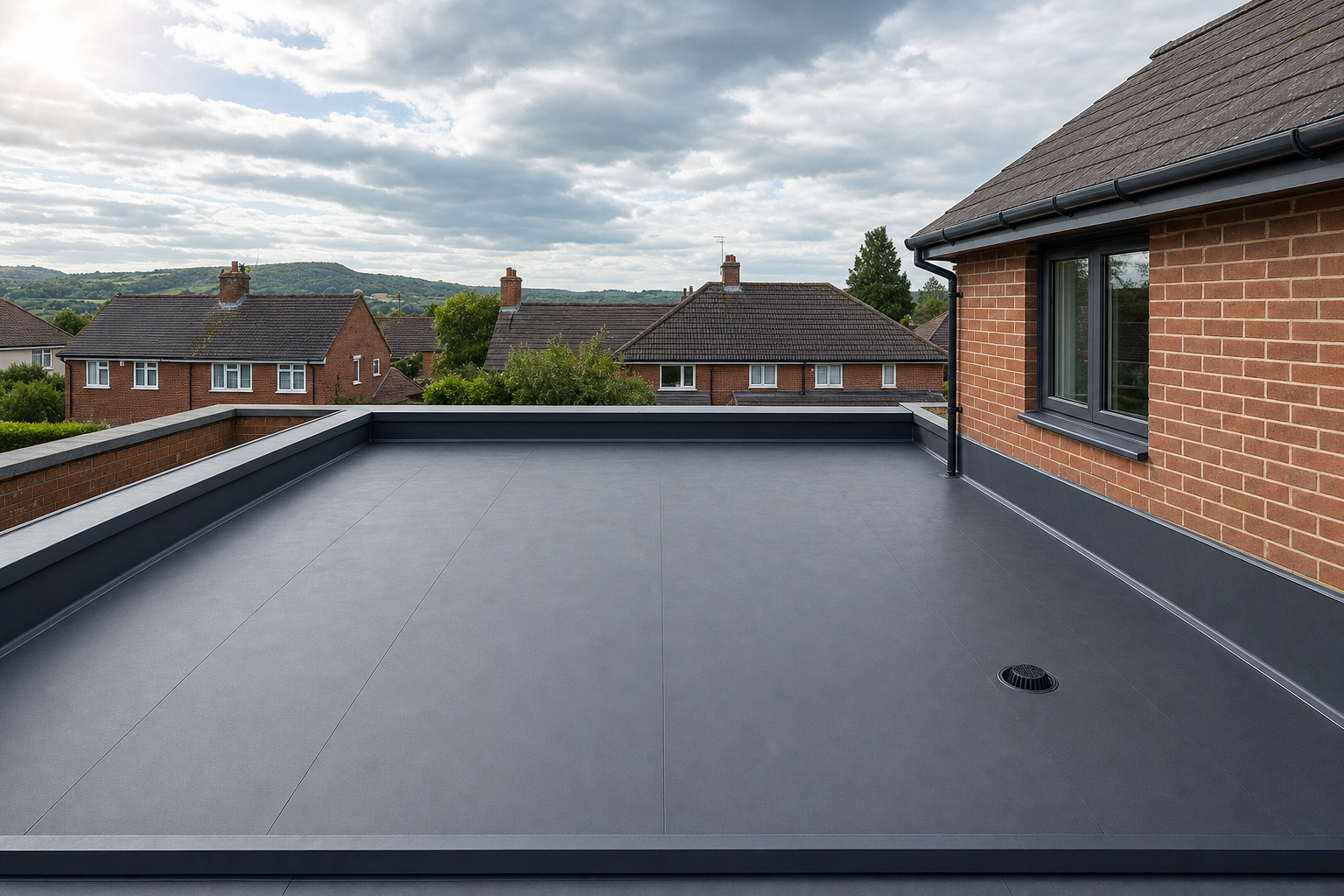 Flat rooftop with grey waterproofing membrane on a modern brick house, surrounded by suburban homes under a cloudy sky.