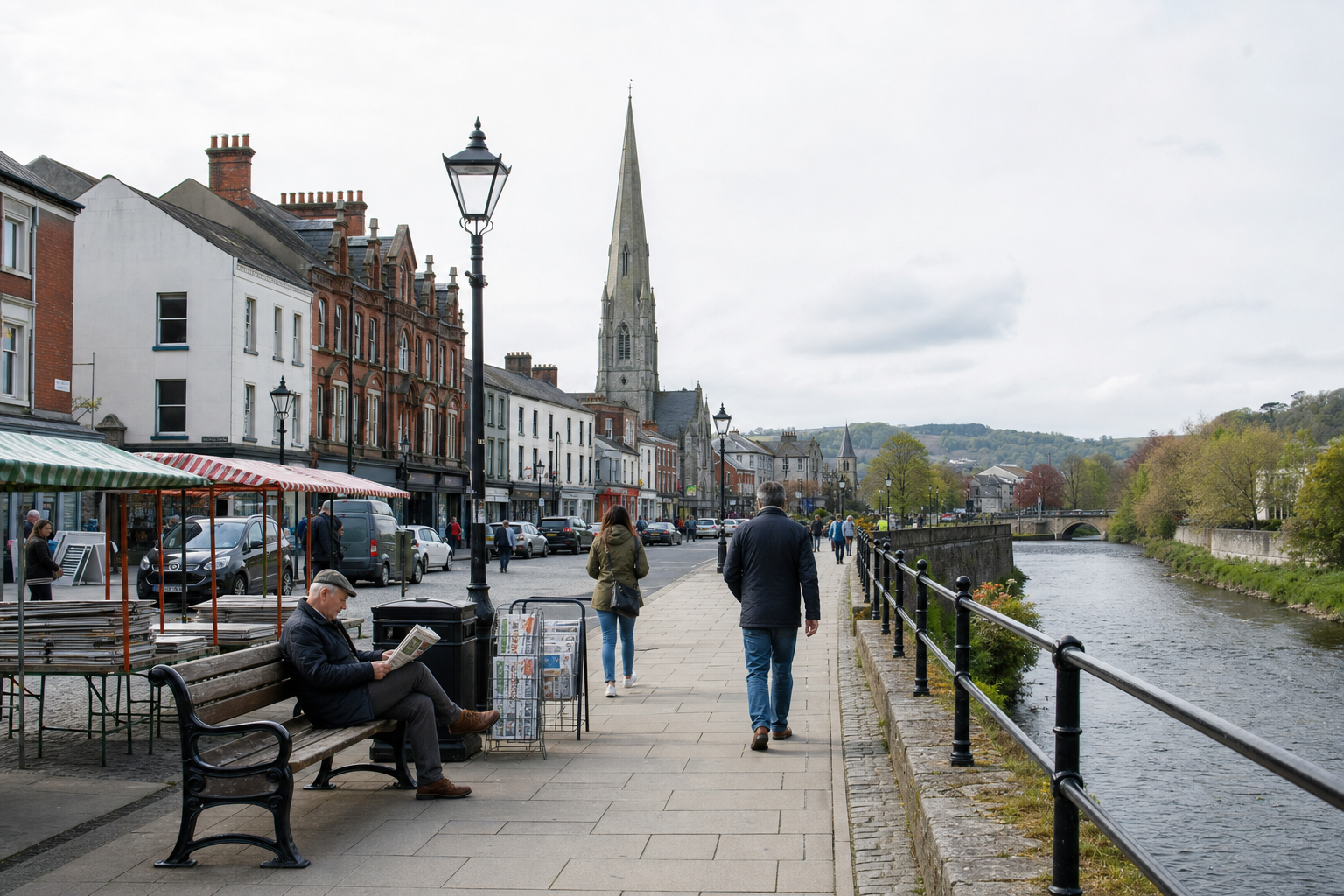 A riverside street view with people walking and a man reading a newspaper on a bench, with a church spire in the background.