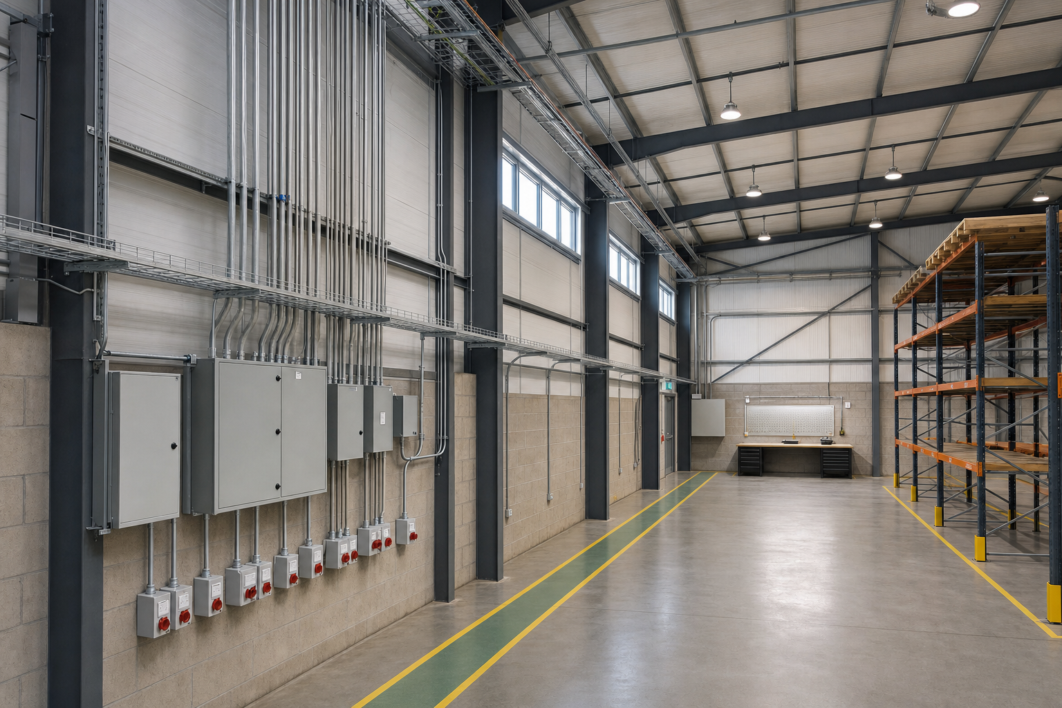 Interior of a modern warehouse with electrical panels, metal shelves, and a workbench along the brick wall.