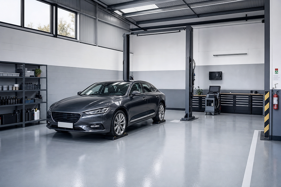 A sleek, dark grey car is parked inside a tidy, modern garage with a car lift and tool cabinets.