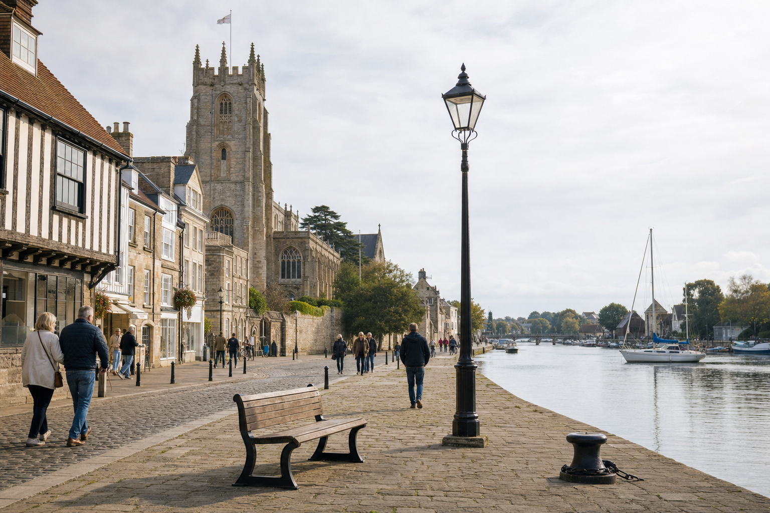 People walking along a waterfront path lined with historic buildings and a large church in a picturesque town.