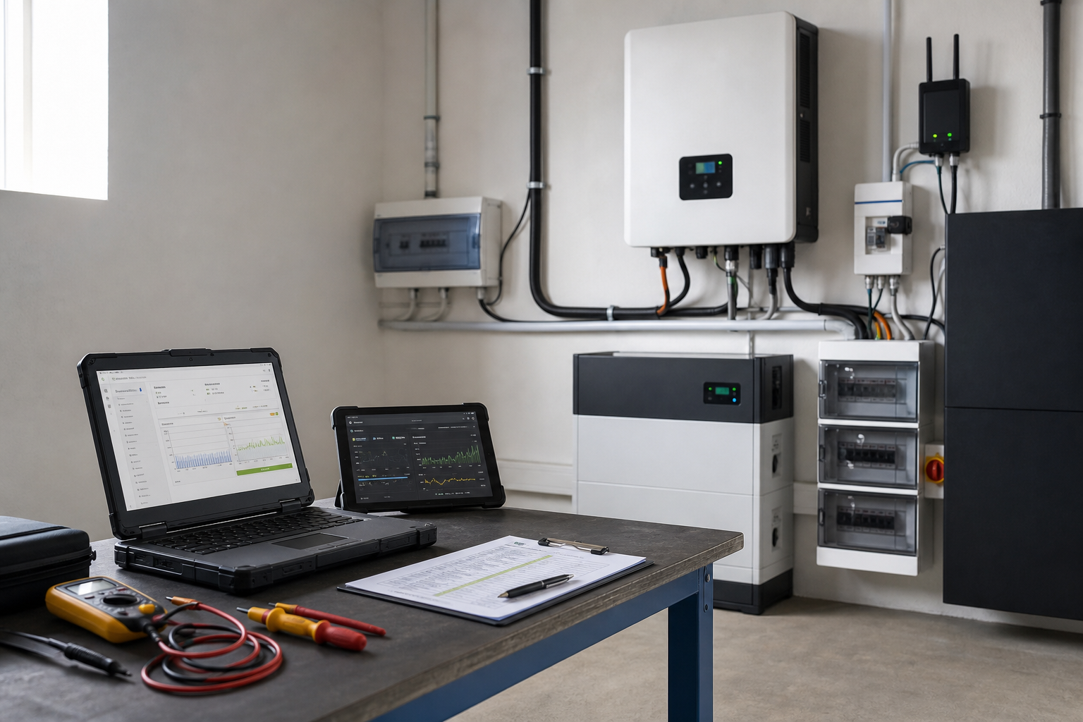 Modern energy monitoring system with laptops, tools, and power management equipment in a technical room.