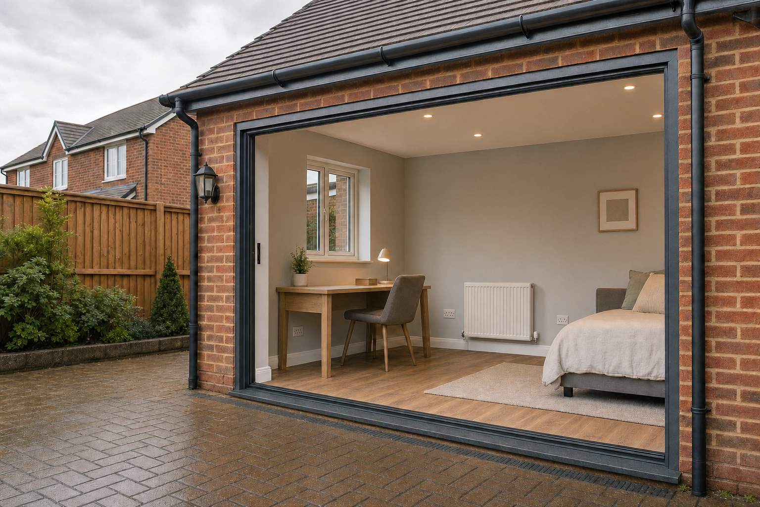 Modern extension with large sliding door revealing a cosy room with a desk, chair, and bed, adjacent to a garden patio.