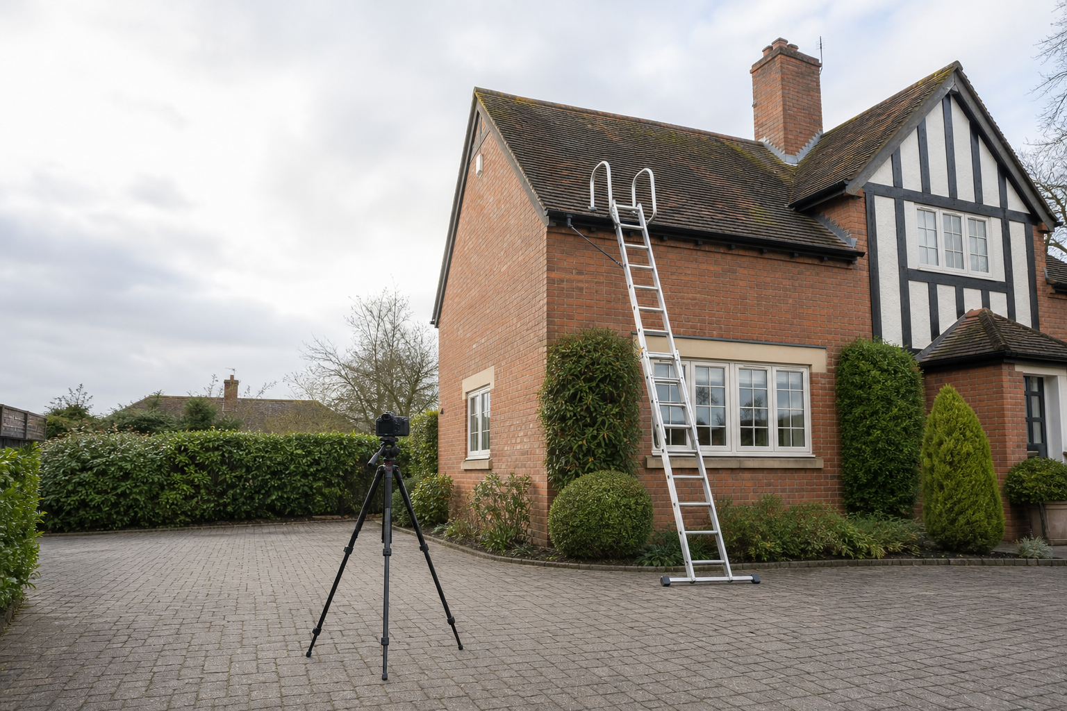 Ladder leaning against a brick house with a camera on a tripod in the foreground.