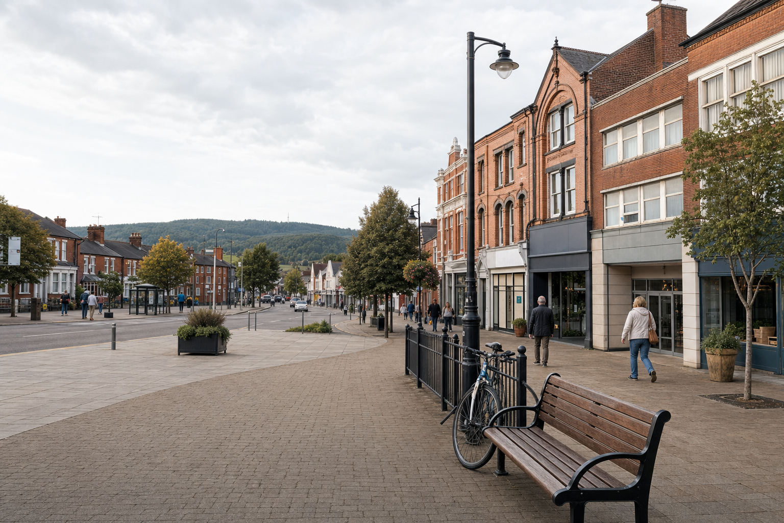 A quiet street scene with red-brick buildings, a bench with a bicycle, and people walking in a small town setting.
