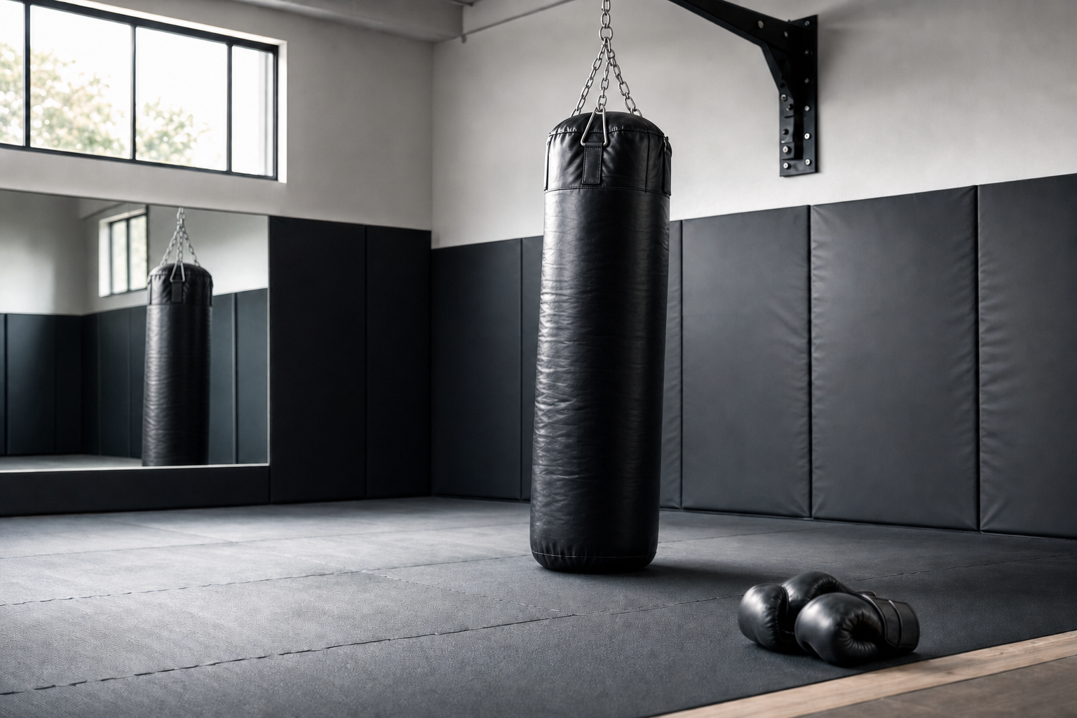 Gymnasium with a black punching bag and boxing gloves on the floor.