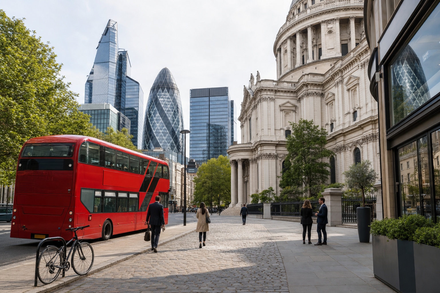 A red double-decker bus passes by St. Paul's Cathedral with the Gherkin and modern skyscrapers in the background.