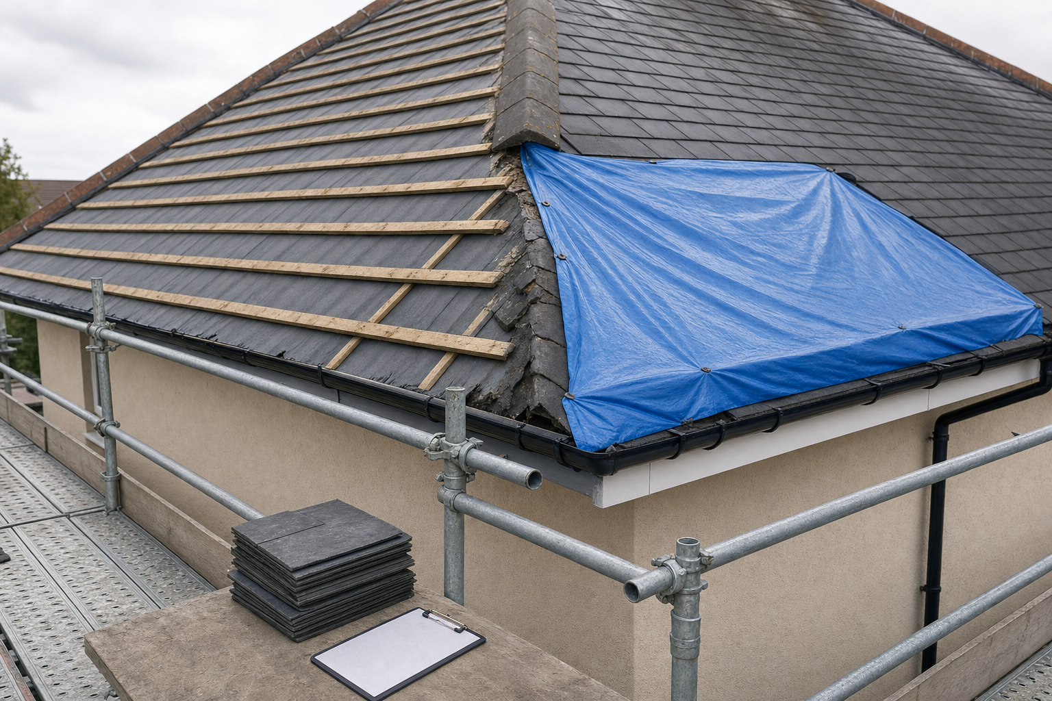 A house roof under repair with a blue tarpaulin covering part of it and a stack of shingles on a scaffold.
