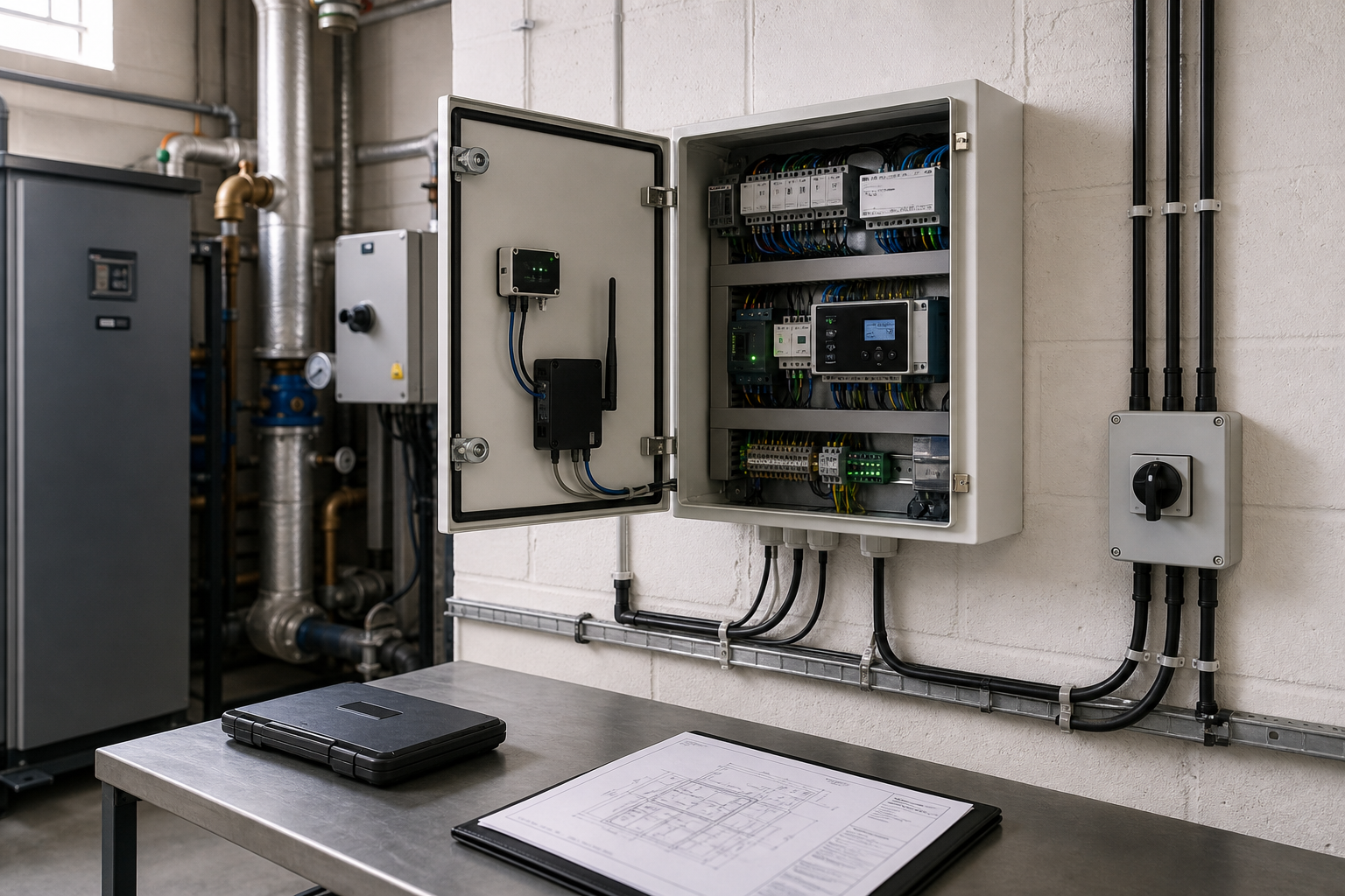 Open electrical control panel with circuit diagrams on a nearby table.