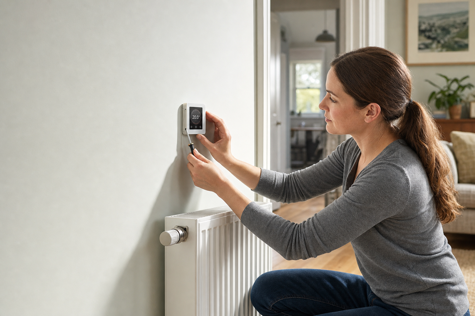 A woman adjusts a digital thermostat on the wall above a radiator in a brightly lit room.