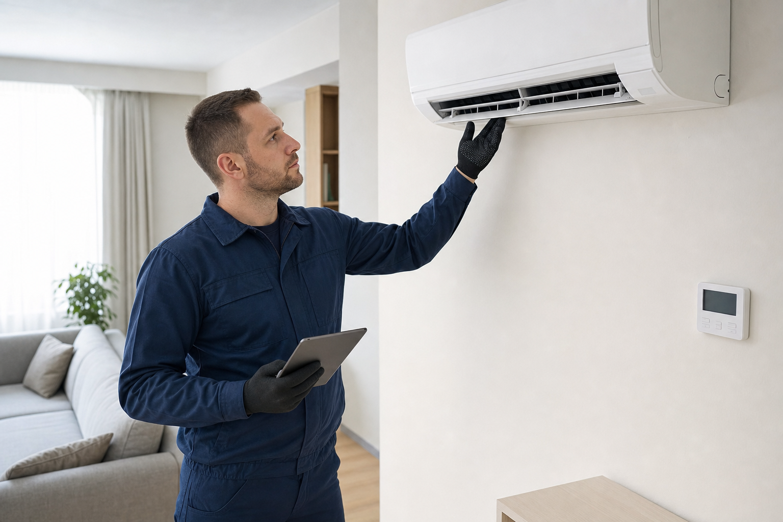 Technician inspects a wall-mounted air conditioning unit while holding a tablet in a modern living room.