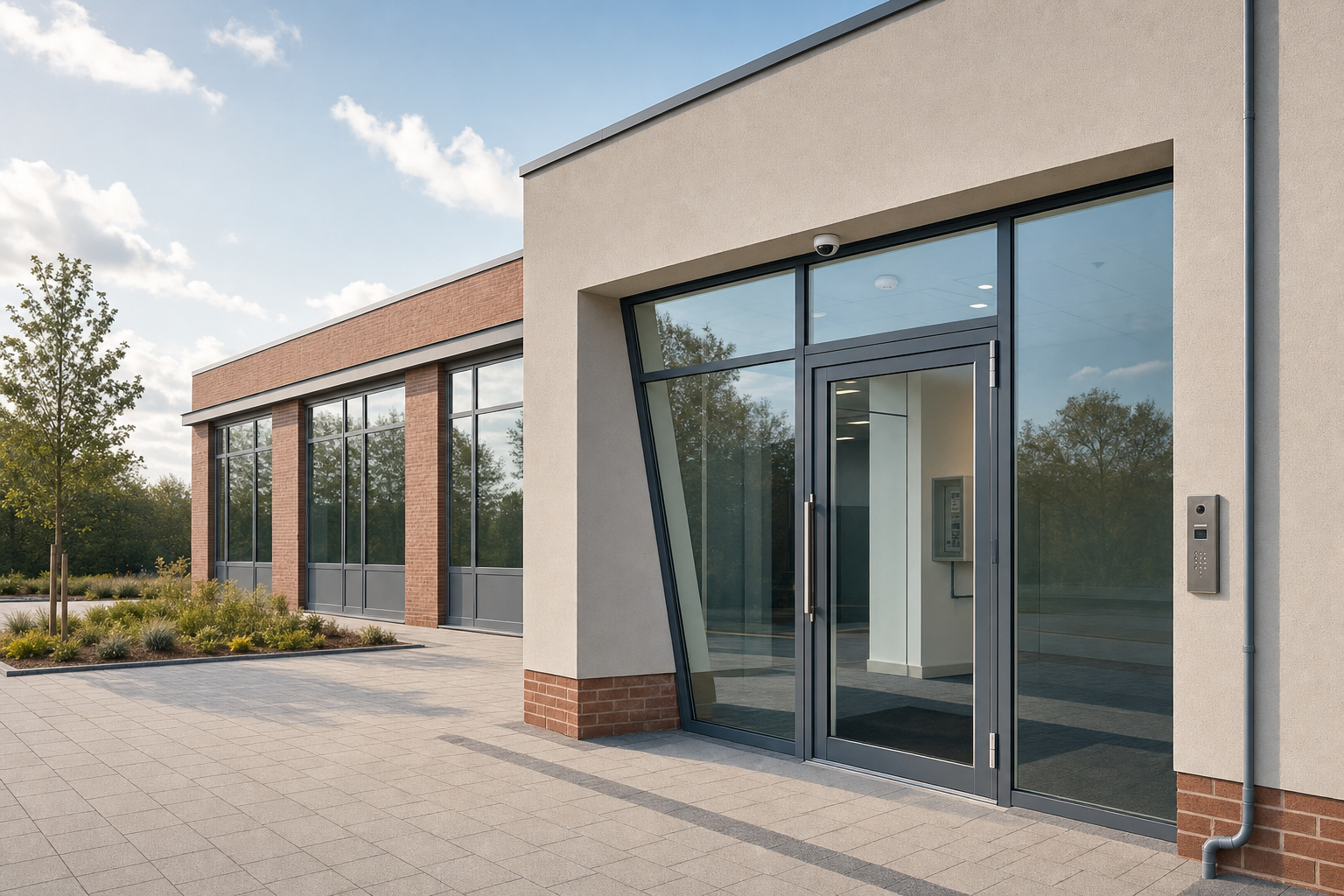 Modern office building entrance with large glass windows and a tree-lined patio on a sunny day.
