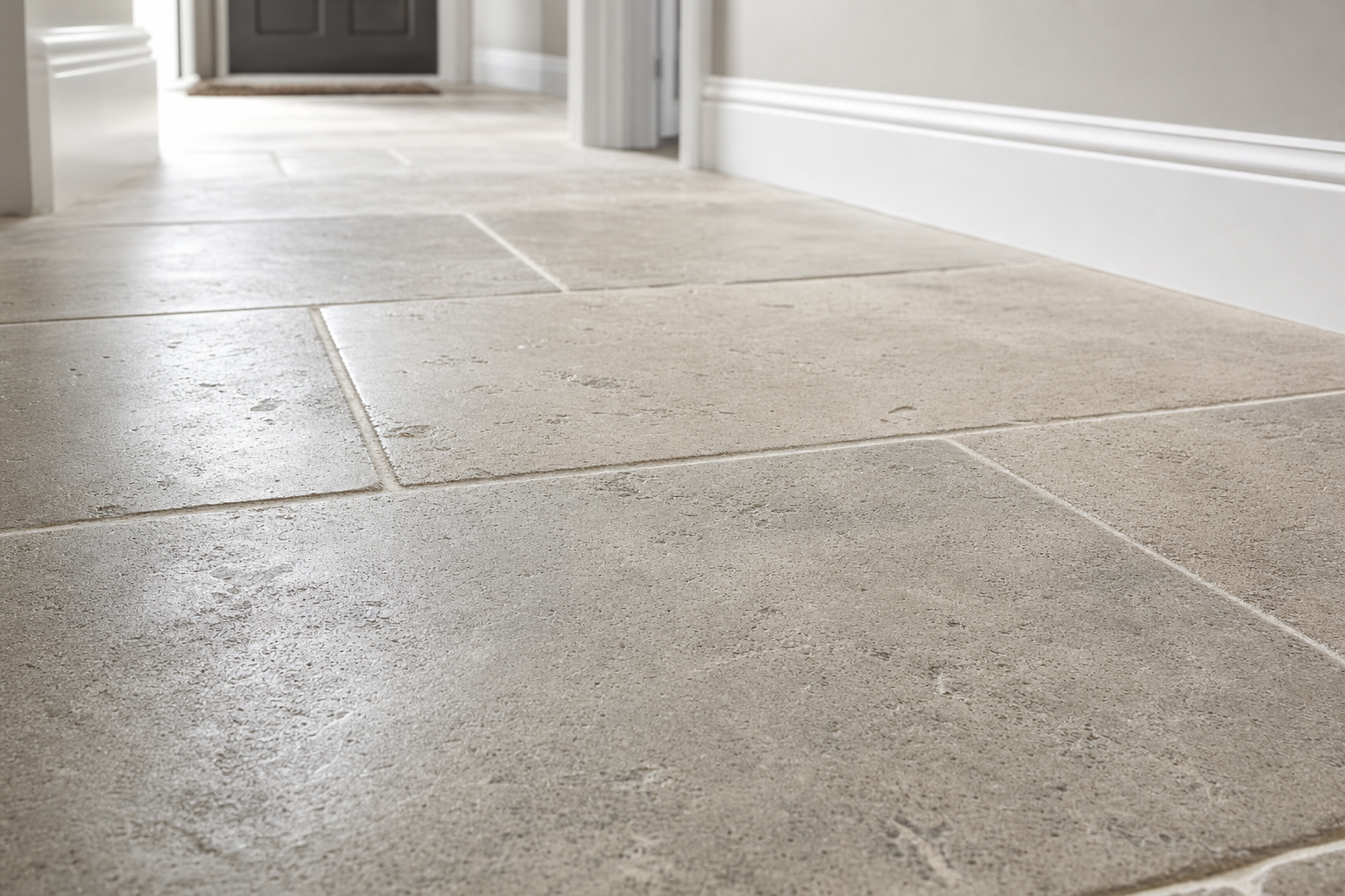 Stone tile flooring in a bright hallway with white skirting boards and a dark door in the background.