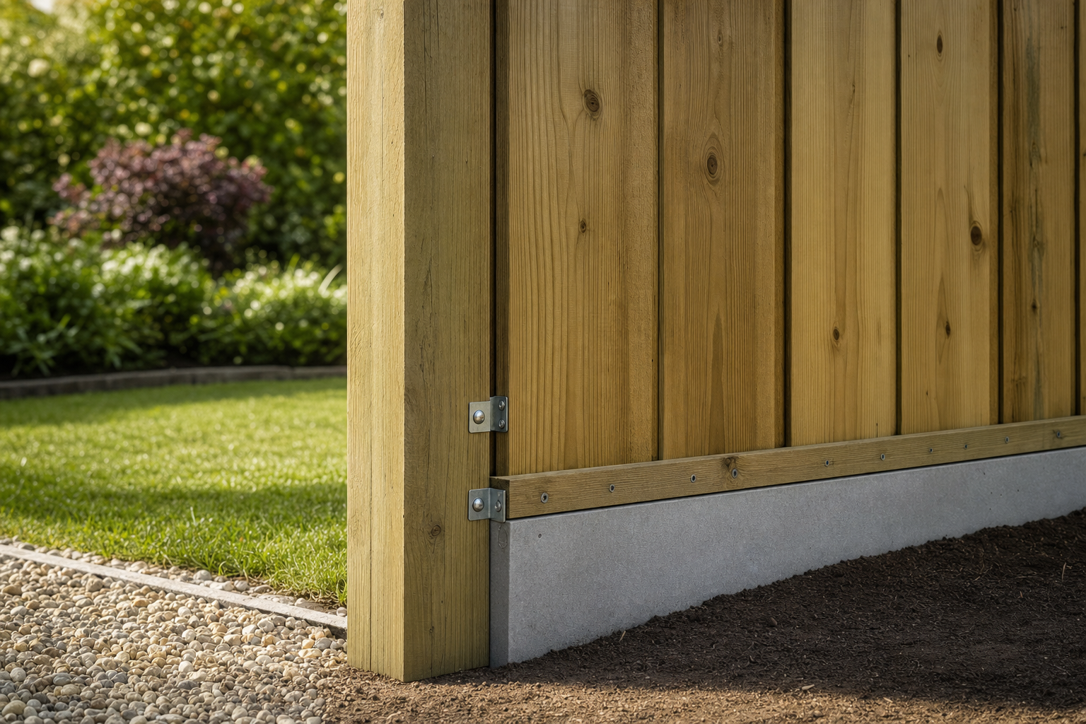 Wooden fence with metal brackets on a concrete base, next to a green lawn and a gravel path in a garden.
