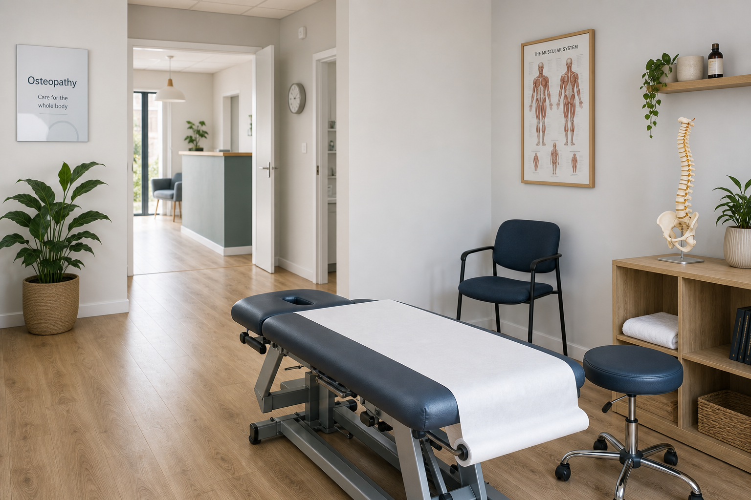 Modern osteopathy clinic room with a treatment table, anatomical posters, and potted plants.