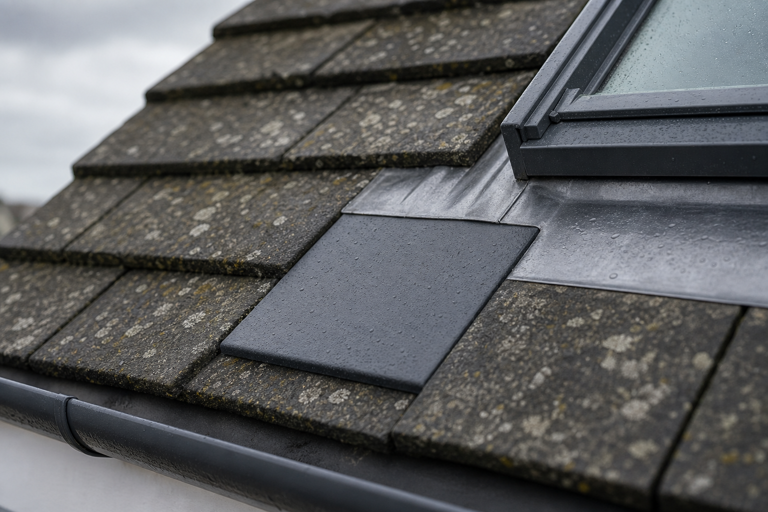 Rain-soaked slate roof tiles with a skylight, partially obscured by a thin layer of water droplets.