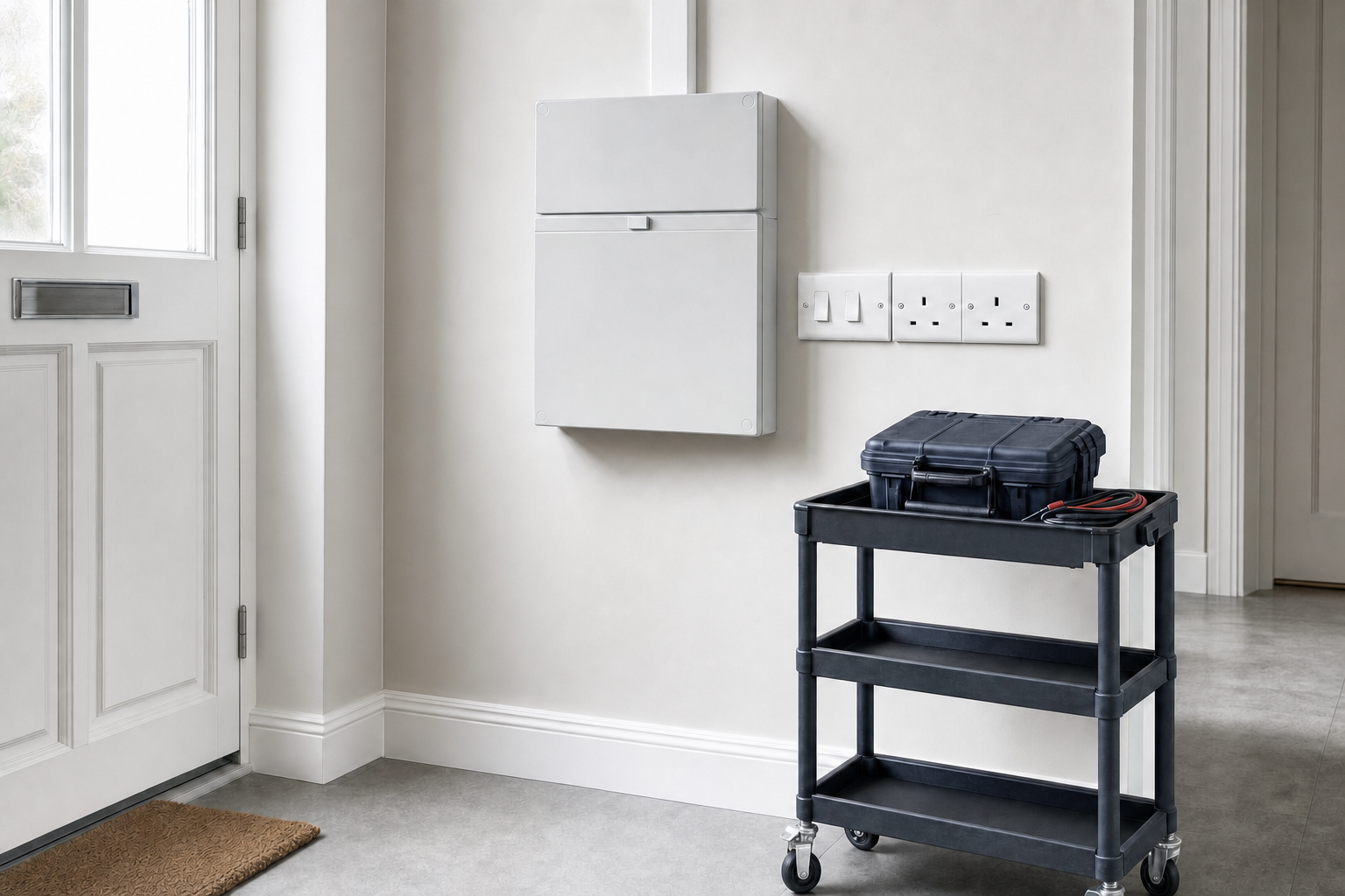 A black utility trolley with a toolbox and cables is positioned beside a wall-mounted electrical panel in a hallway.