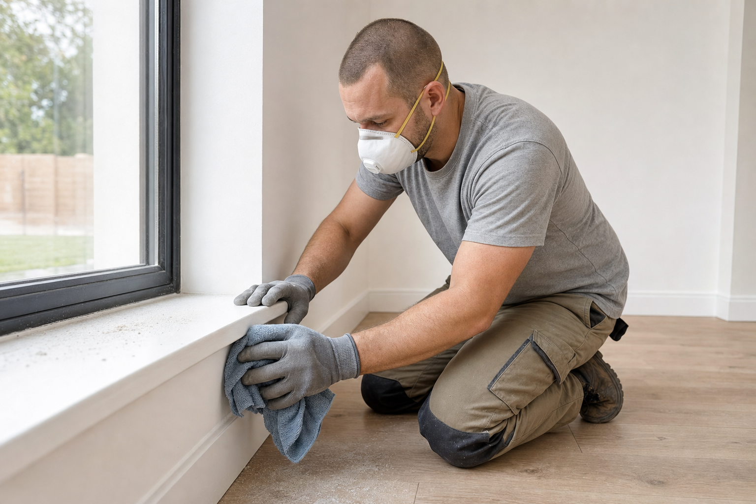 A man wearing a mask and gloves cleans a window ledge with a cloth inside a finished room.